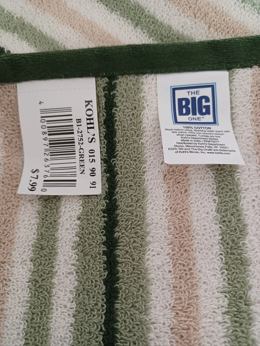 NWT 2 PIECE SET The Big One Bath Towel 100% Cotton Green White Tan Stripes 52x27